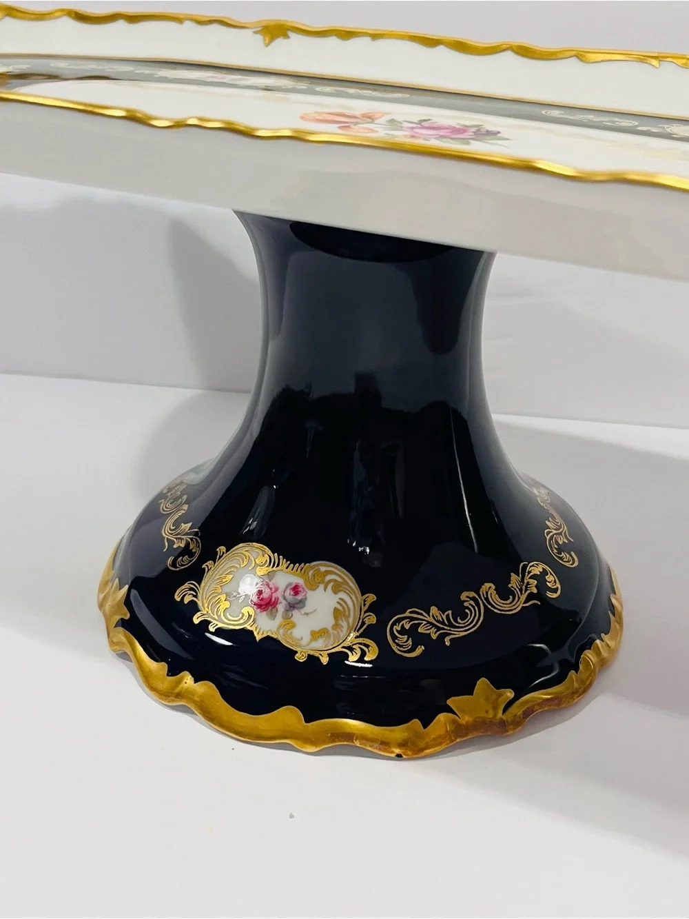 Vtg REICHENBACH Germany Echted Cobalt Baroque & 24K Gold Trim Pedestal Tray